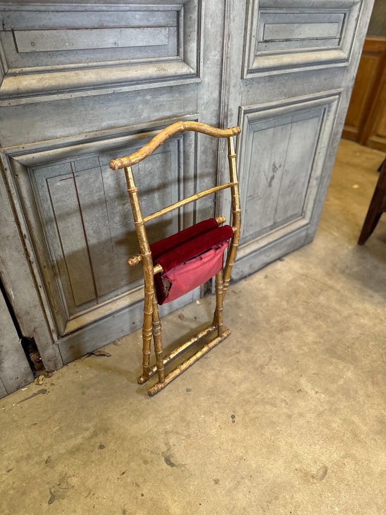 Antique French Faux Bamboo Gilt Folding Stool in Velvet