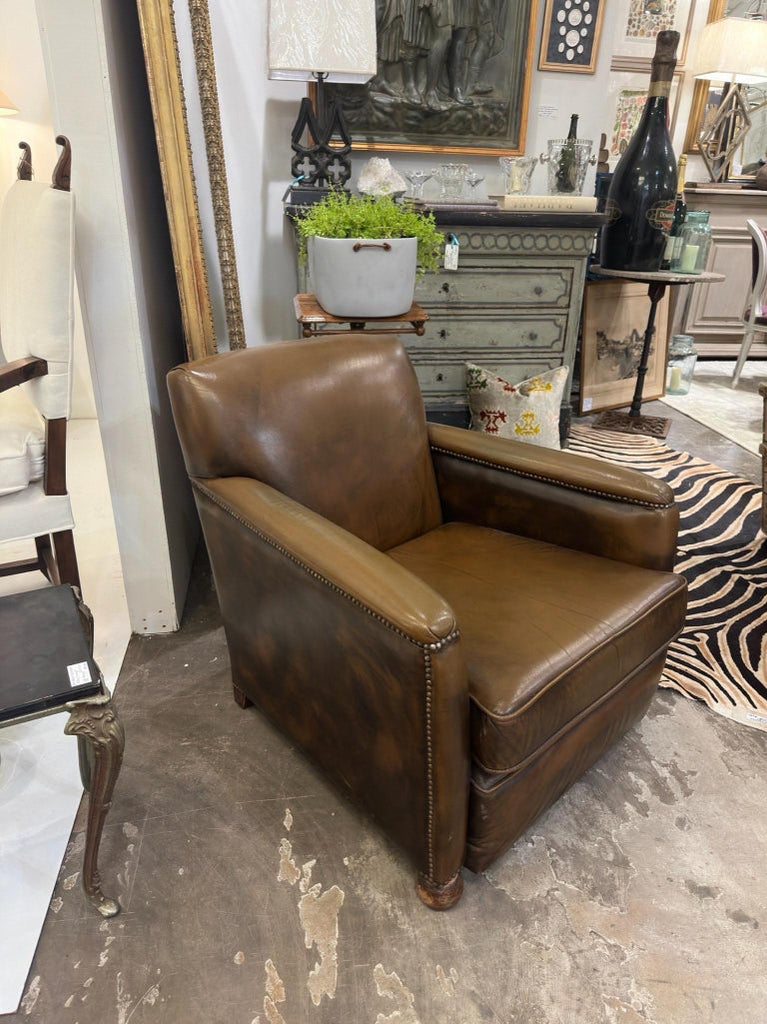 Vintage French Leather Chair with Nailhead Detail