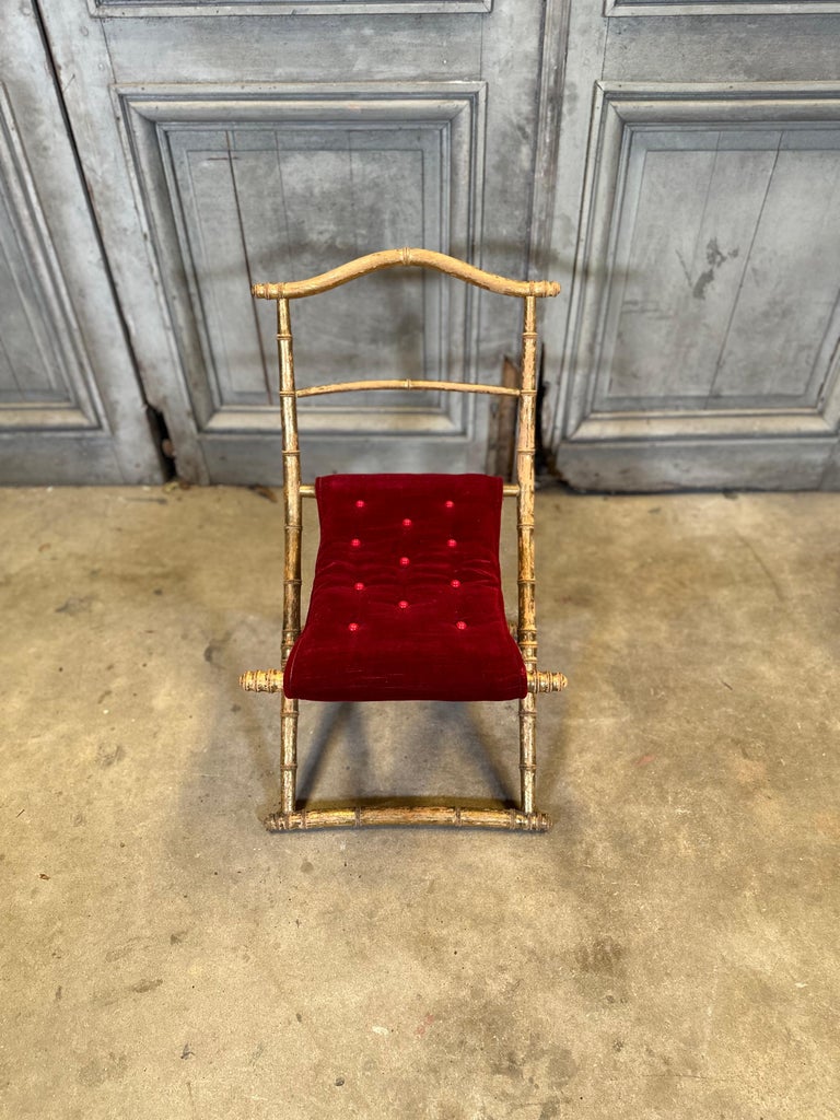 Antique French Faux Bamboo Gilt Folding Stool in Velvet