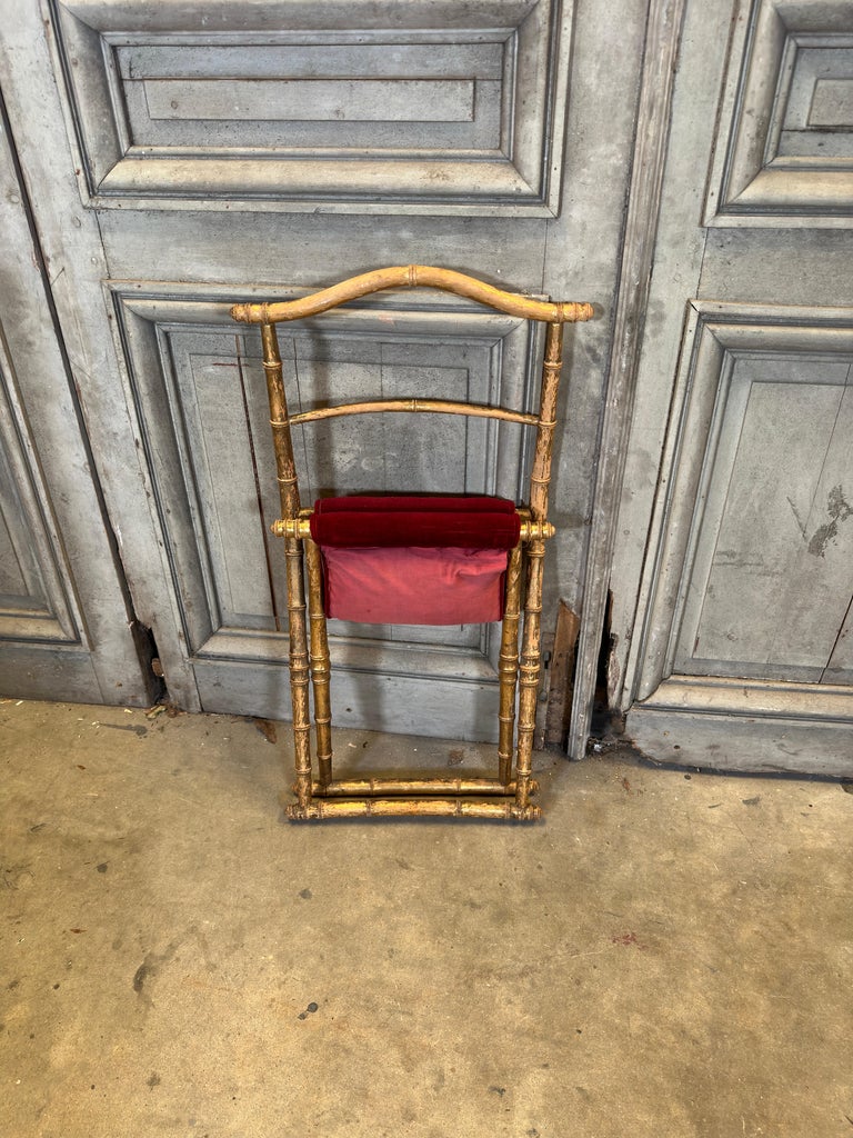 Antique French Faux Bamboo Gilt Folding Stool in Velvet