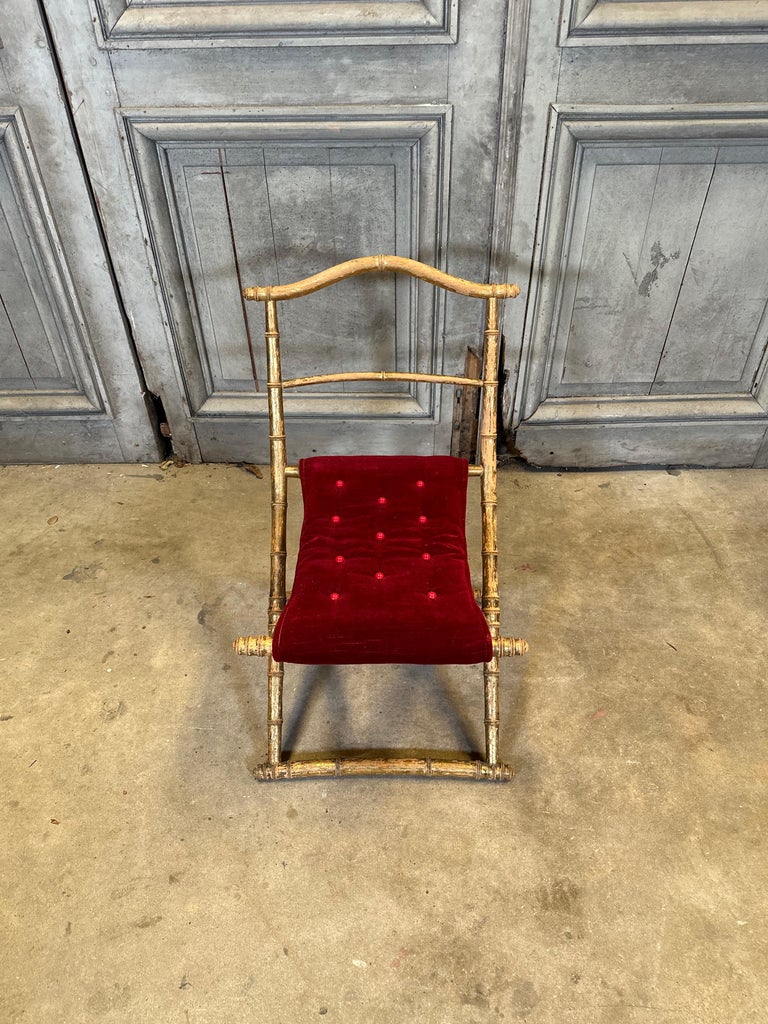 Antique French Faux Bamboo Gilt Folding Stool in Velvet