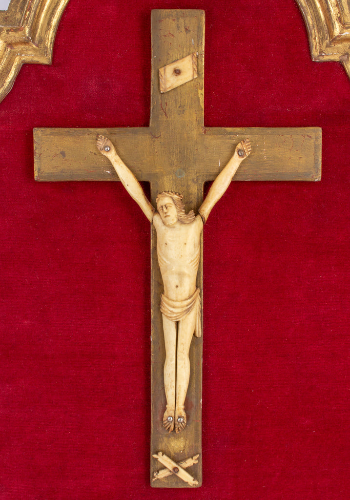 Vintage French Crucifix on Red Velvet & Gilt Plaque