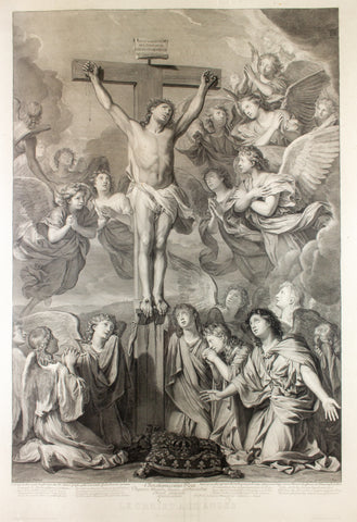 Large Antique French Religious Etching "Le Christ Aux Anges" by Charles le Brun