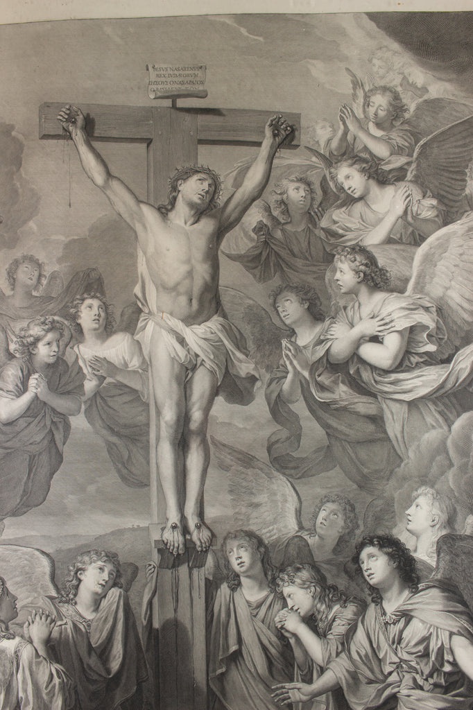 Large Antique French Religious Etching "Le Christ Aux Anges" by Charles le Brun
