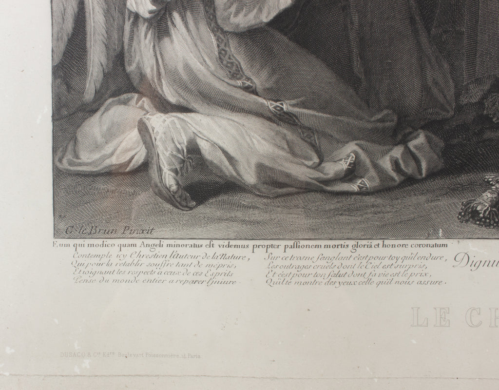 Large Antique French Religious Etching "Le Christ Aux Anges" by Charles le Brun