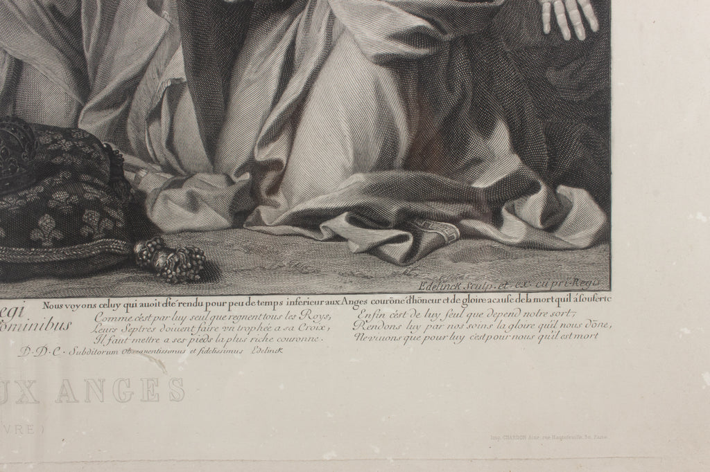 Large Antique French Religious Etching "Le Christ Aux Anges" by Charles le Brun
