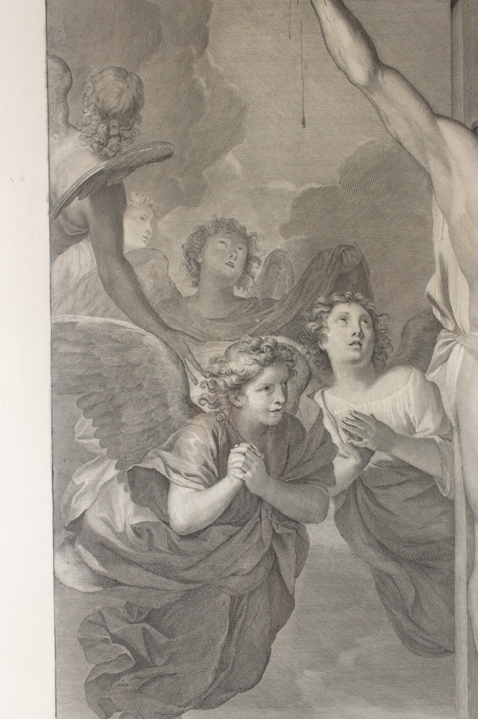 Large Antique French Religious Etching "Le Christ Aux Anges" by Charles le Brun