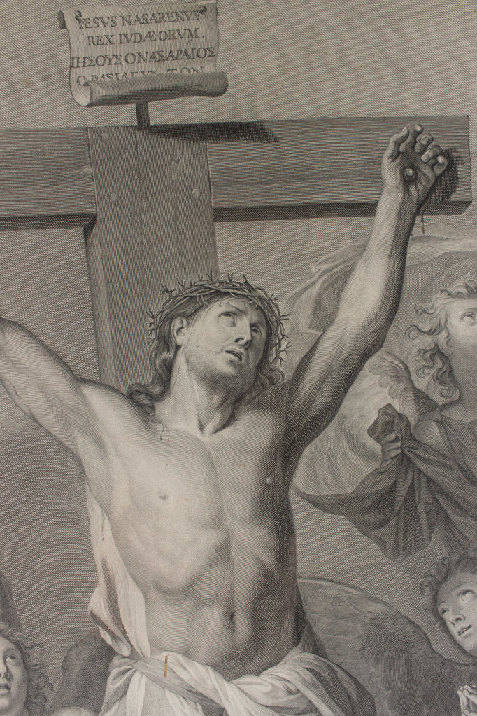 Large Antique French Religious Etching "Le Christ Aux Anges" by Charles le Brun
