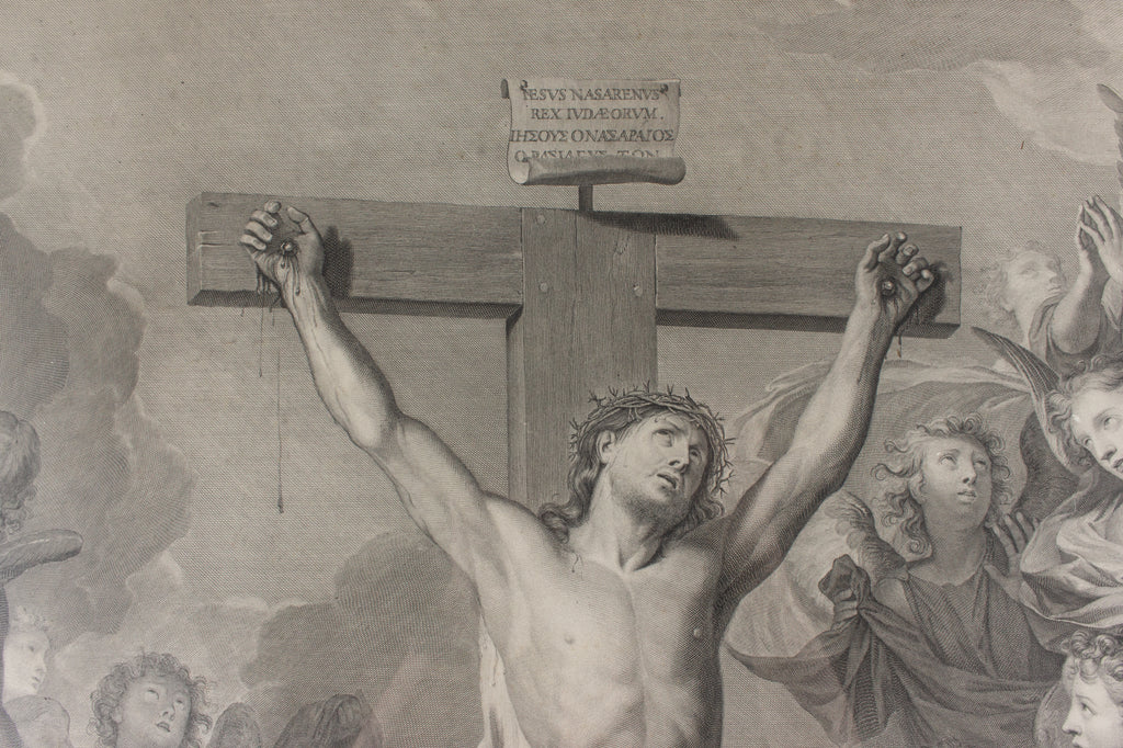 Large Antique French Religious Etching "Le Christ Aux Anges" by Charles le Brun