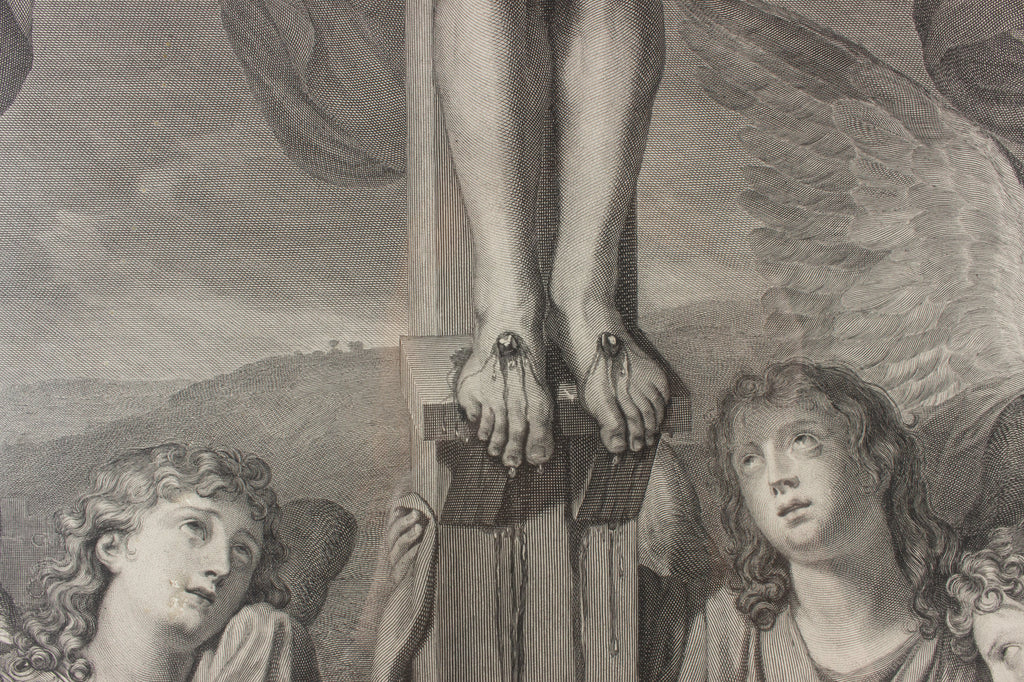 Large Antique French Religious Etching "Le Christ Aux Anges" by Charles le Brun
