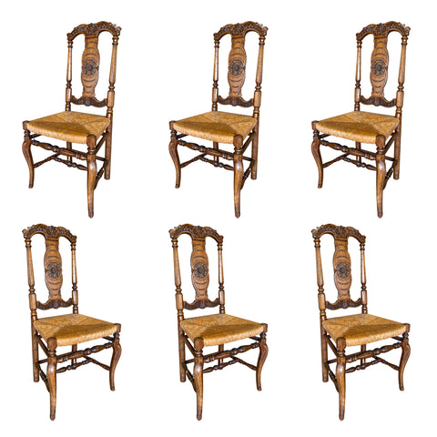 1920s French Oak Dining Chairs with Detailed Carvings & Rush Seats | Set of 6