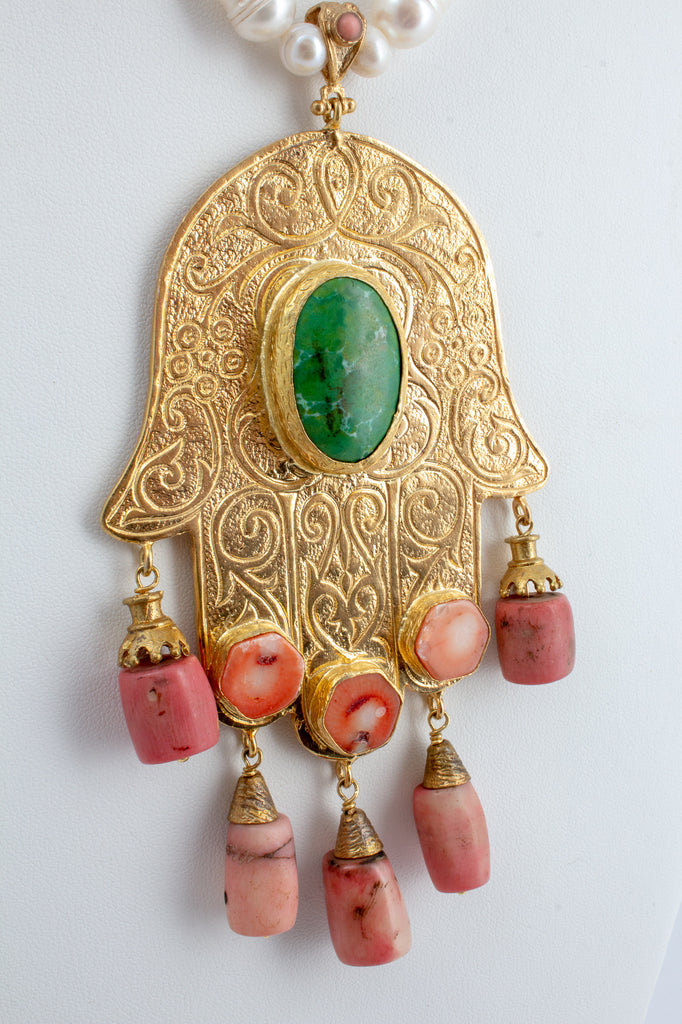 Handmade Pearl & Coral Hamsa Pendant Statement Necklace from Istanbul