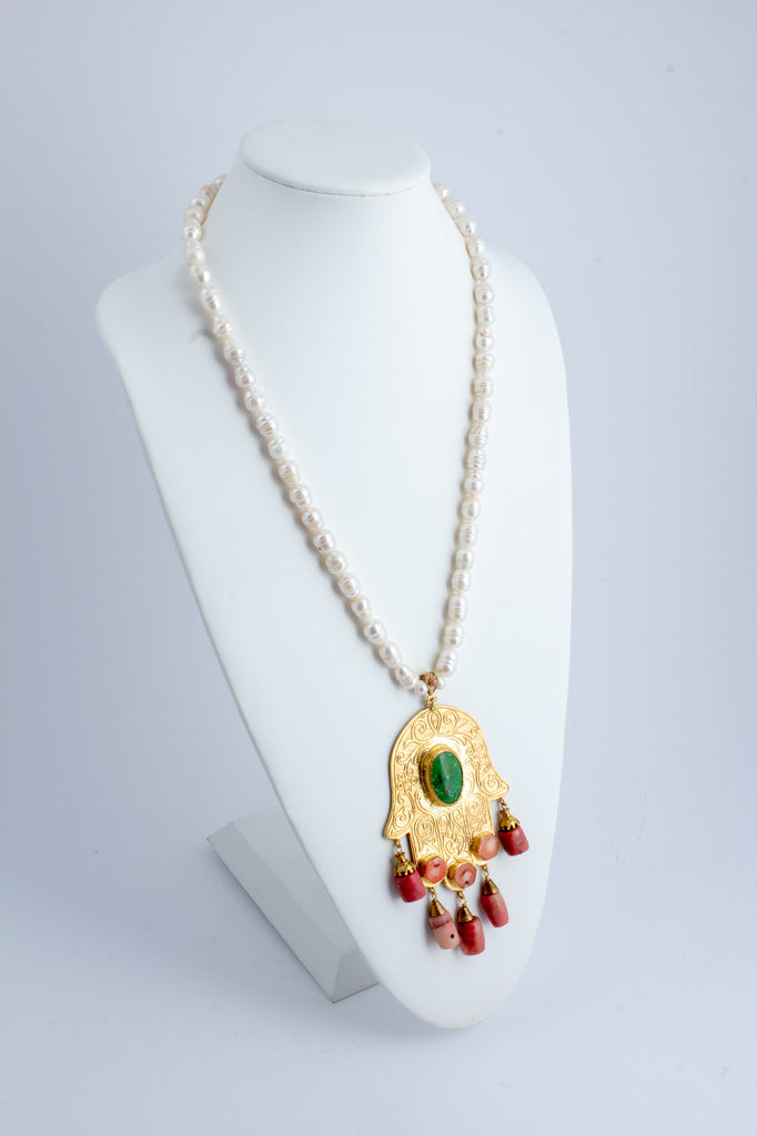 Handmade Pearl & Coral Hamsa Pendant Statement Necklace from Istanbul