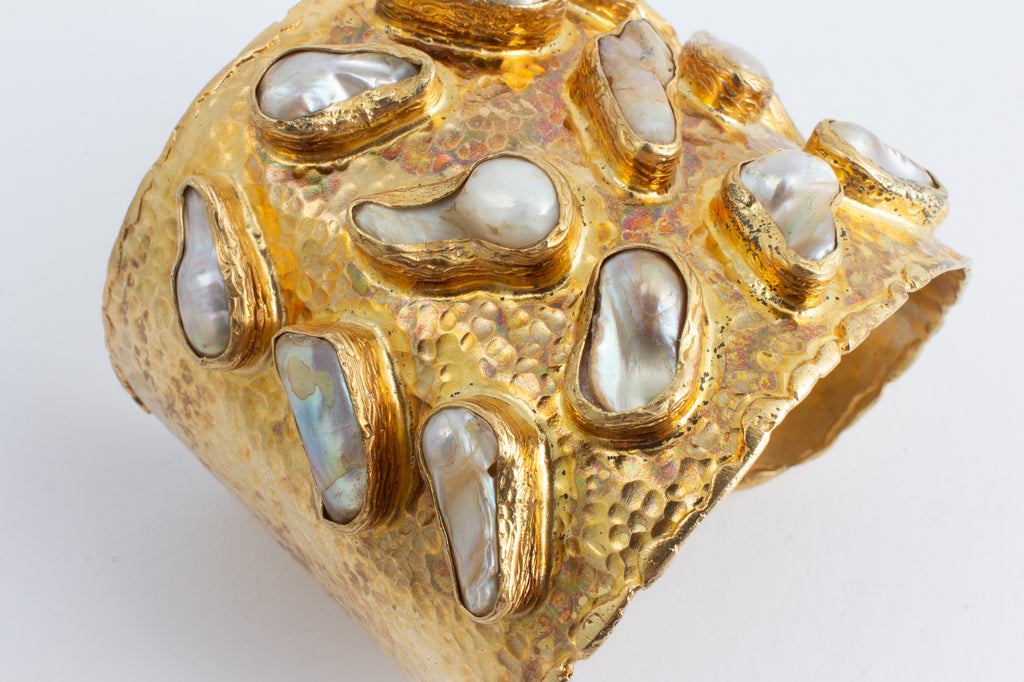 Large Natural Pearl & Brass Cuff from Istanbul