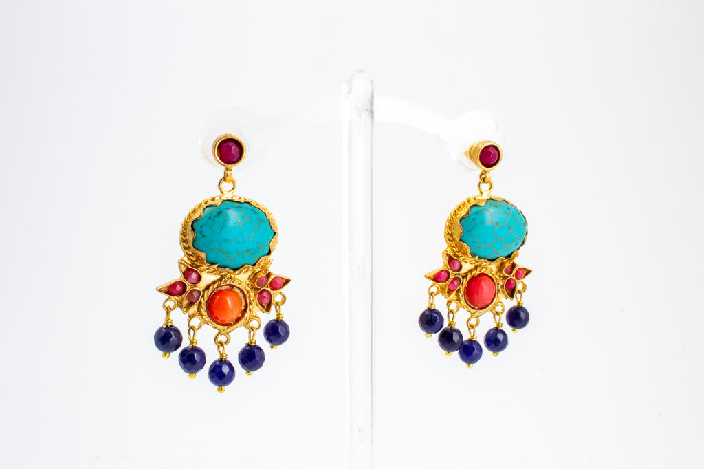 Handmade Turquoise & Coral Chandelier Earrings from Istanbul