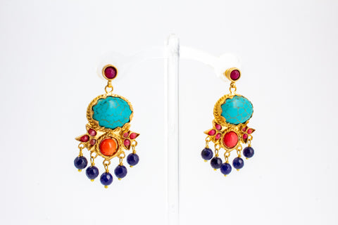 Handmade Turquoise & Coral Chandelier Earrings from Istanbul