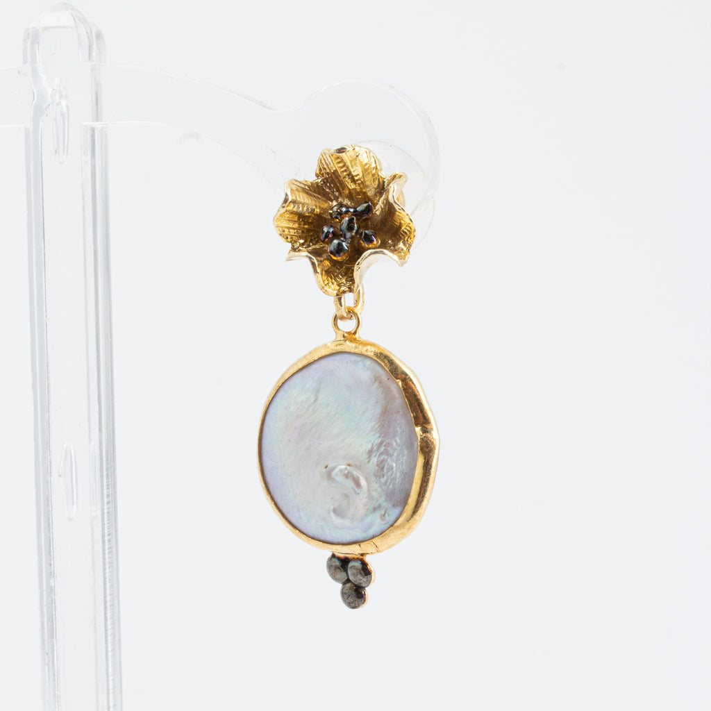 Handmade Gold Flower Bloom & Natural Pearl Drop Earrings from Istanbul
