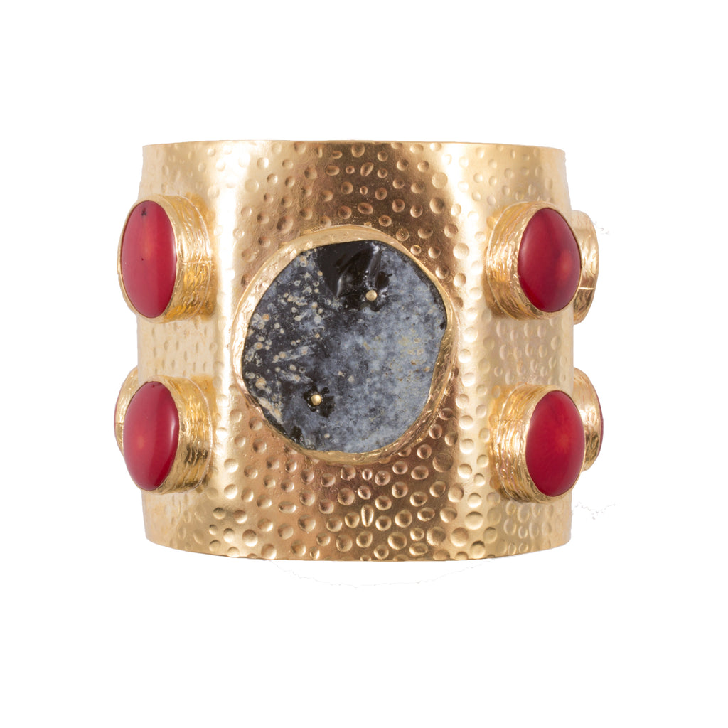 Handmade Natural Stone & Brass Turkish Cuff with Red Coral