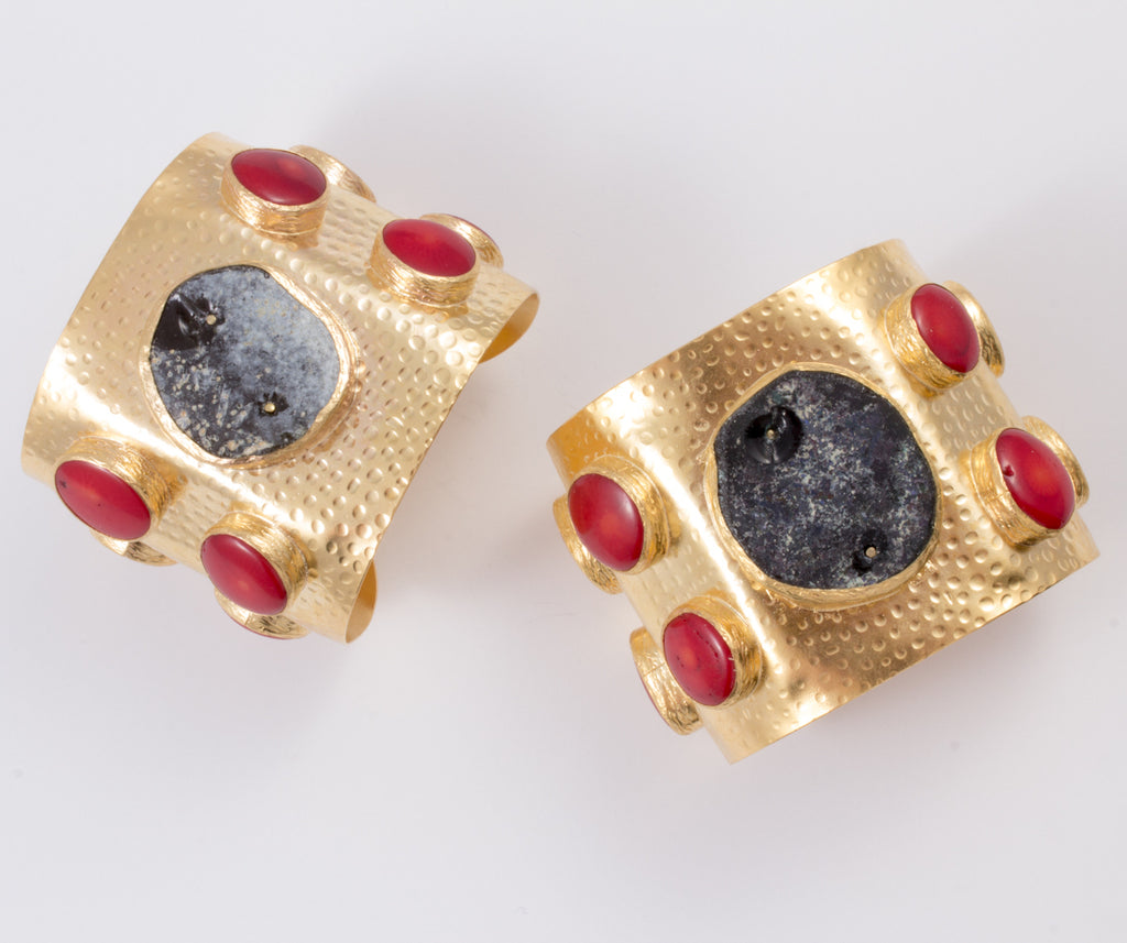 Handmade Natural Stone & Brass Turkish Cuff with Red Coral