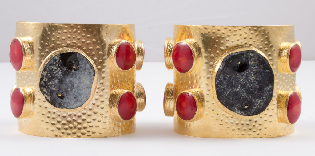 Handmade Natural Stone & Brass Turkish Cuff with Red Coral
