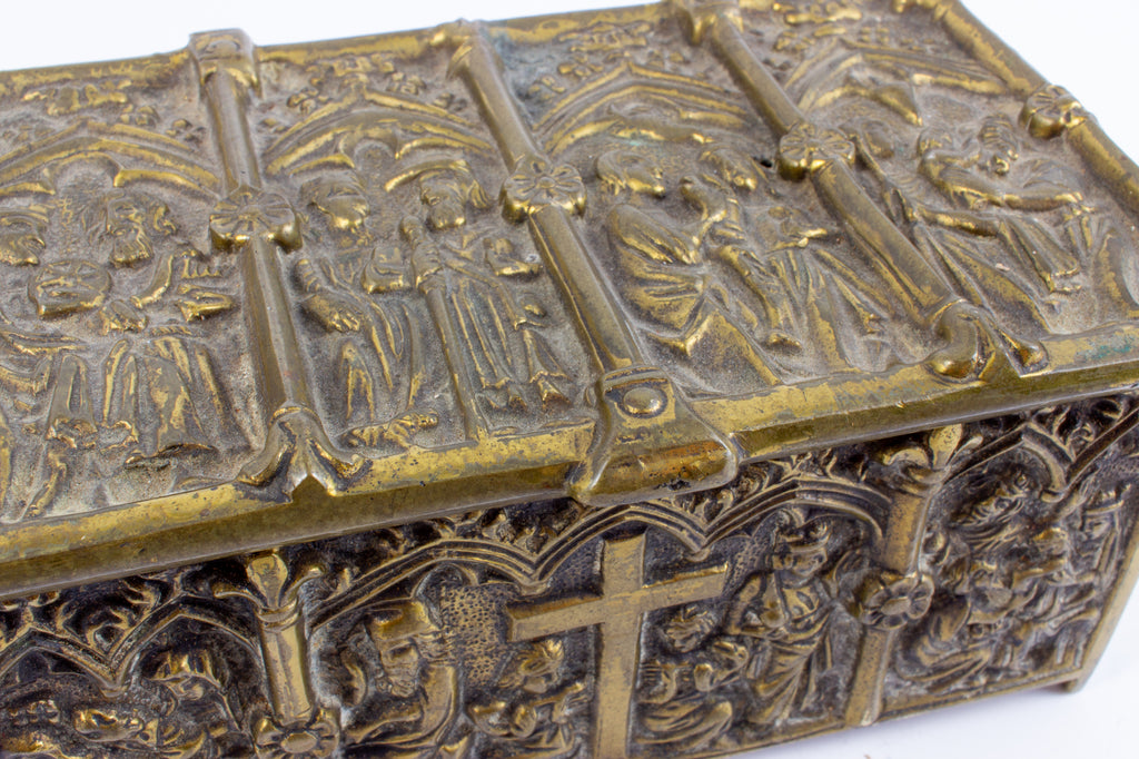 Antique Brass Reliquary Box with Stations of the Cross Decoration found in France