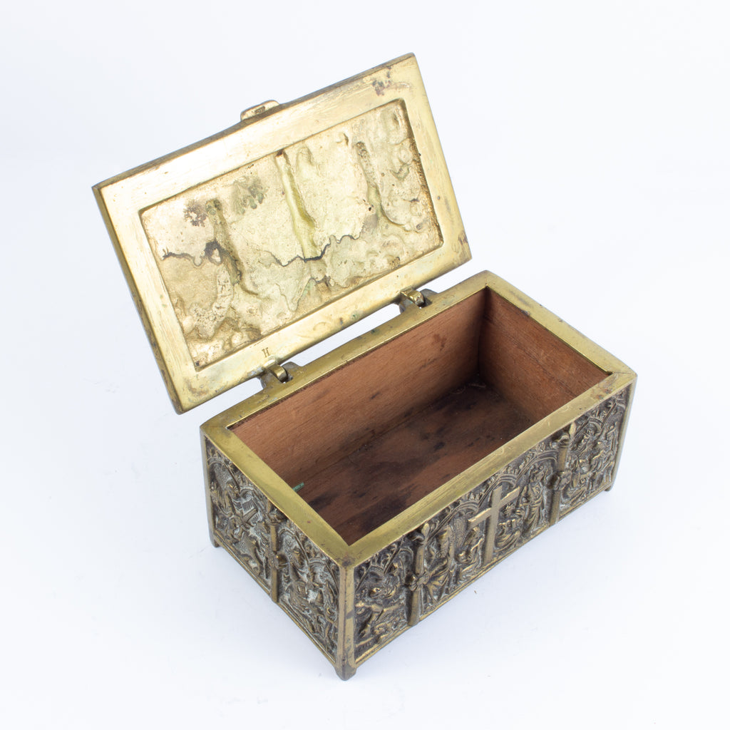 Antique Brass Reliquary Box with Stations of the Cross Decoration found in France