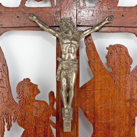 Vintage Handmade Belgian Wood & Pewter Crucifix Art