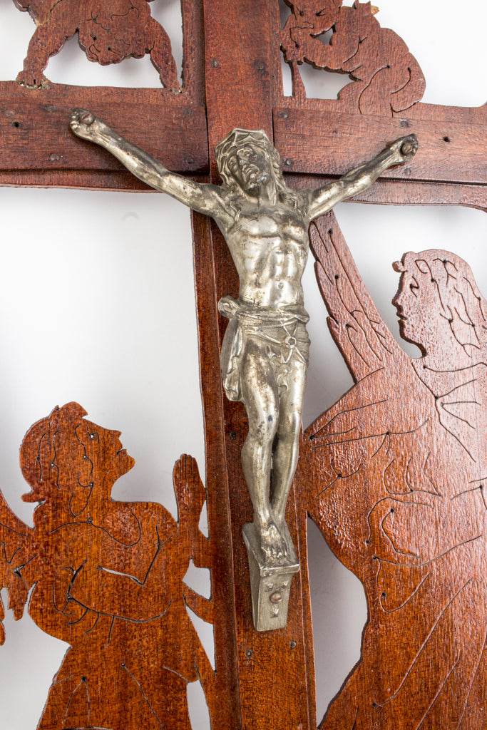 Vintage Handmade Belgian Wood & Pewter Crucifix Art