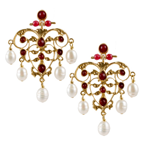 Turkish Delights Earrings: Delicate Filigree & Pearl Chandelier Drops