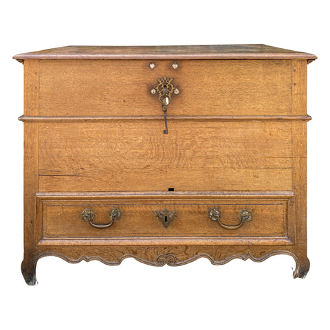 19th Century French Oak Chest with Hinged Top and Lower Drawer with Keys