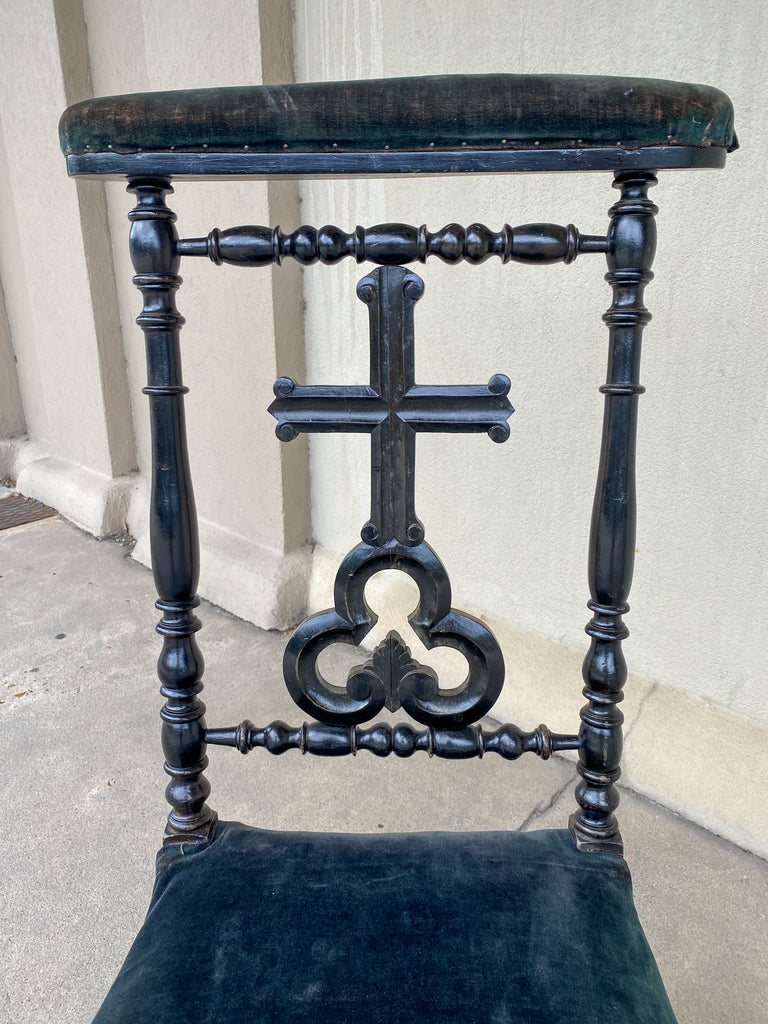 Antique French Napoleon III Ebonized Wood & Velvet Prie Dieu Prayer Chair