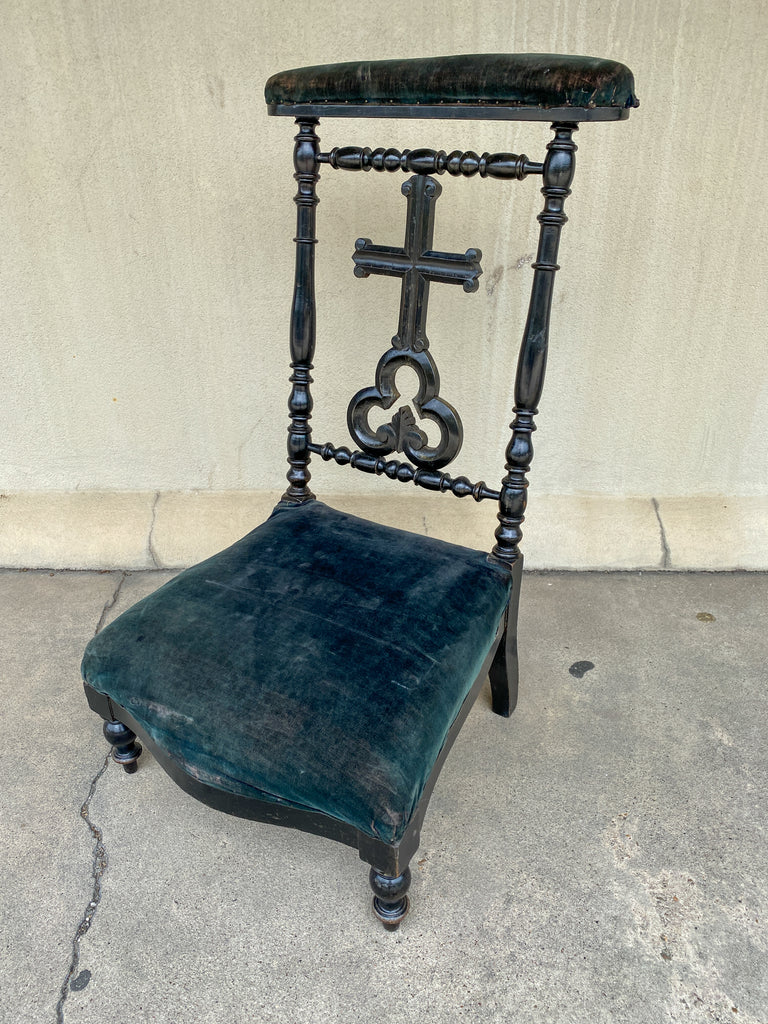 Antique French Napoleon III Ebonized Wood & Velvet Prie Dieu Prayer Chair