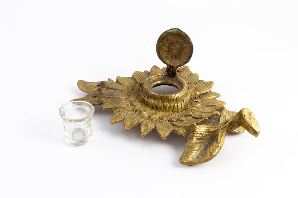 Antique French Brass Sunflower Inkwell