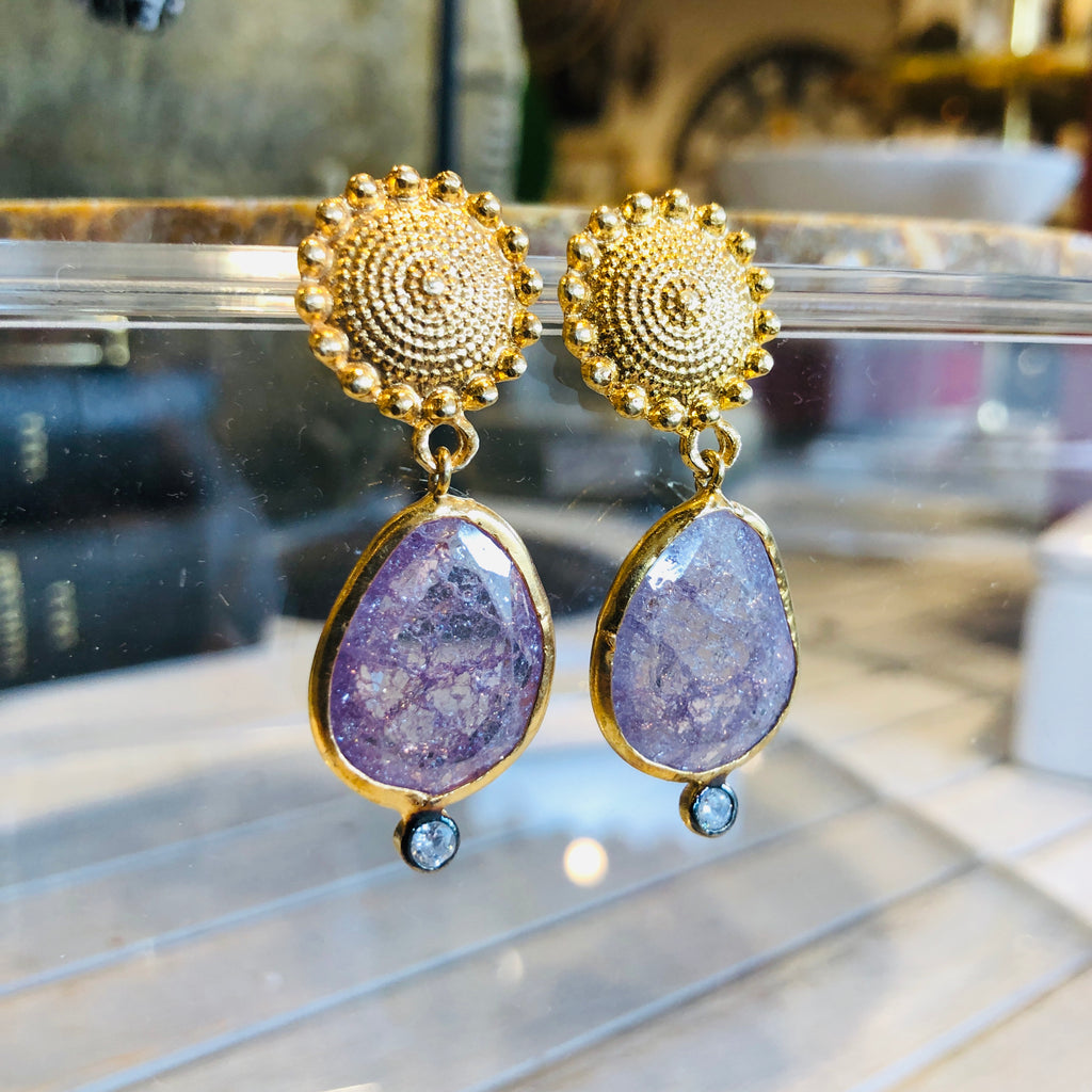Handmade Gold & Amethyst Crackle Drop Earrings from Istanbul