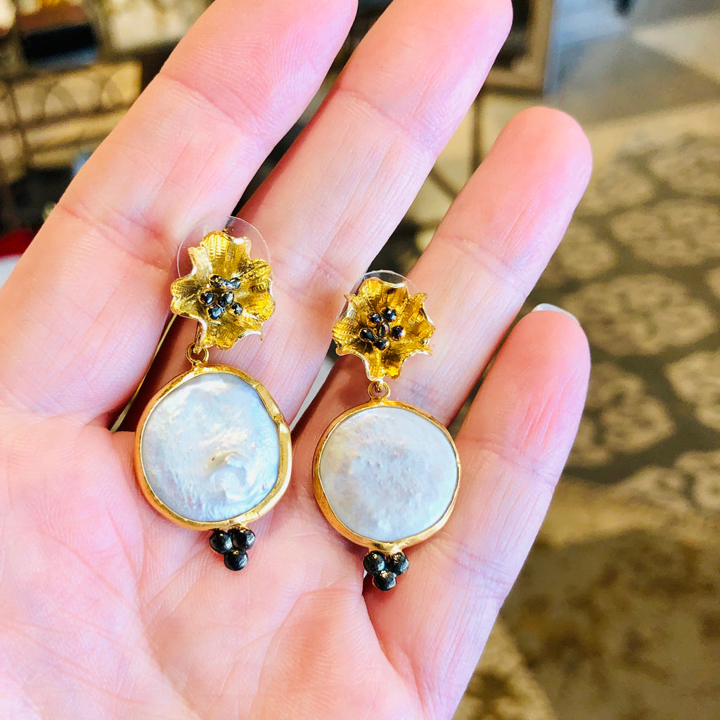Handmade Gold Flower Bloom & Natural Pearl Drop Earrings from Istanbul