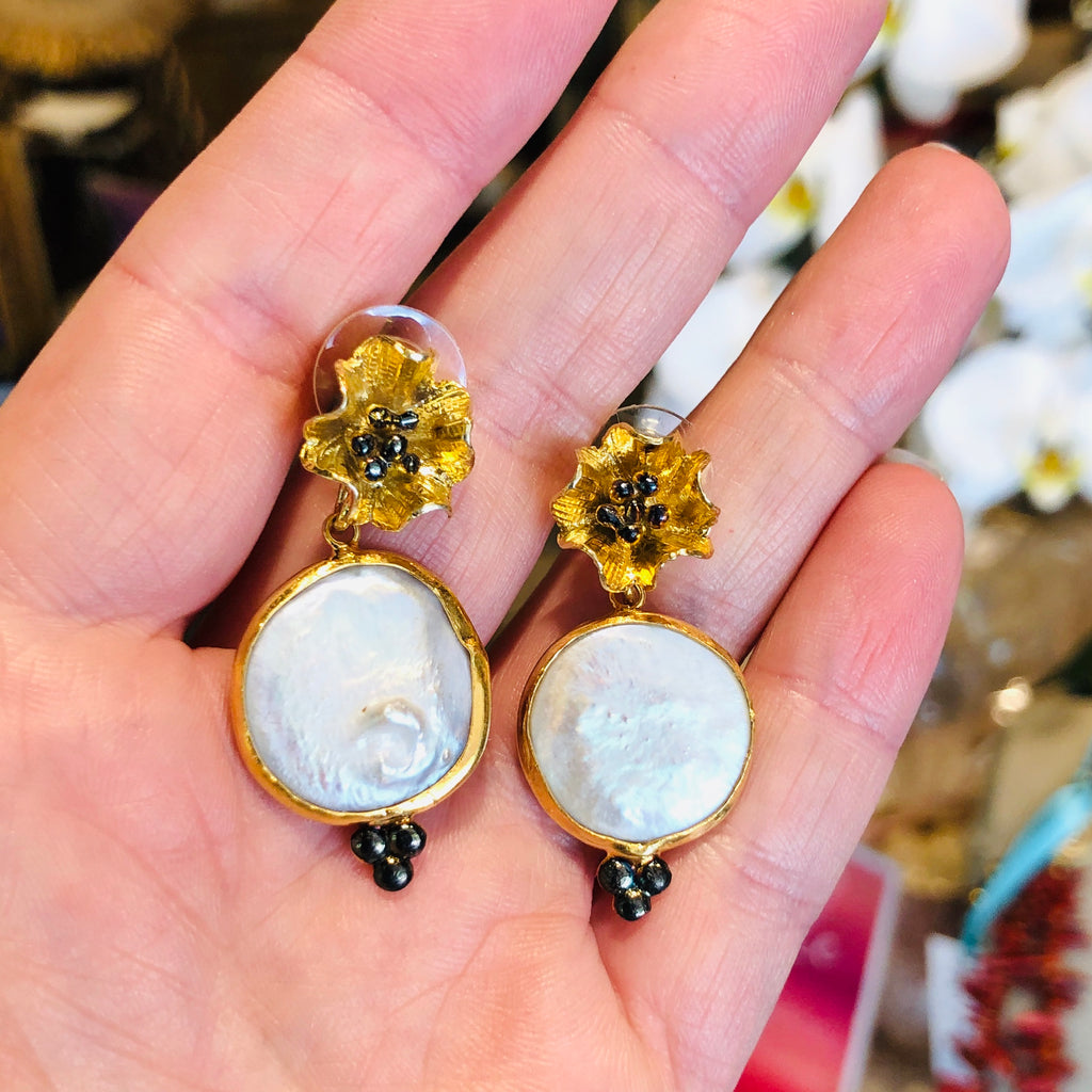 Handmade Gold Flower Bloom & Natural Pearl Drop Earrings from Istanbul