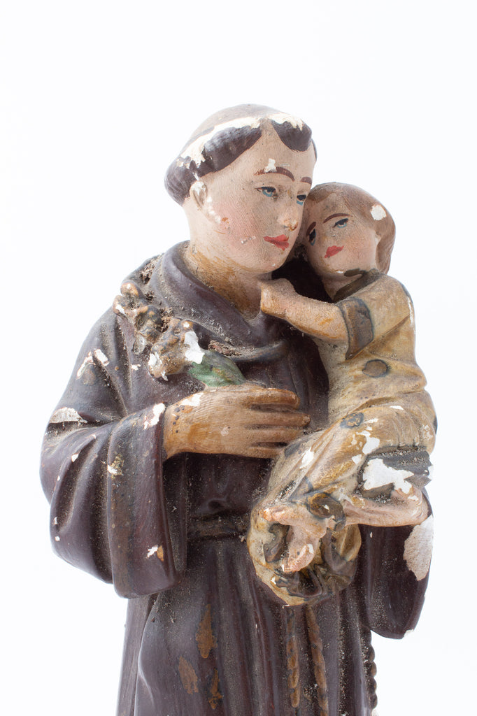 Antique French Hand-Painted Plaster St. Anthony Statue