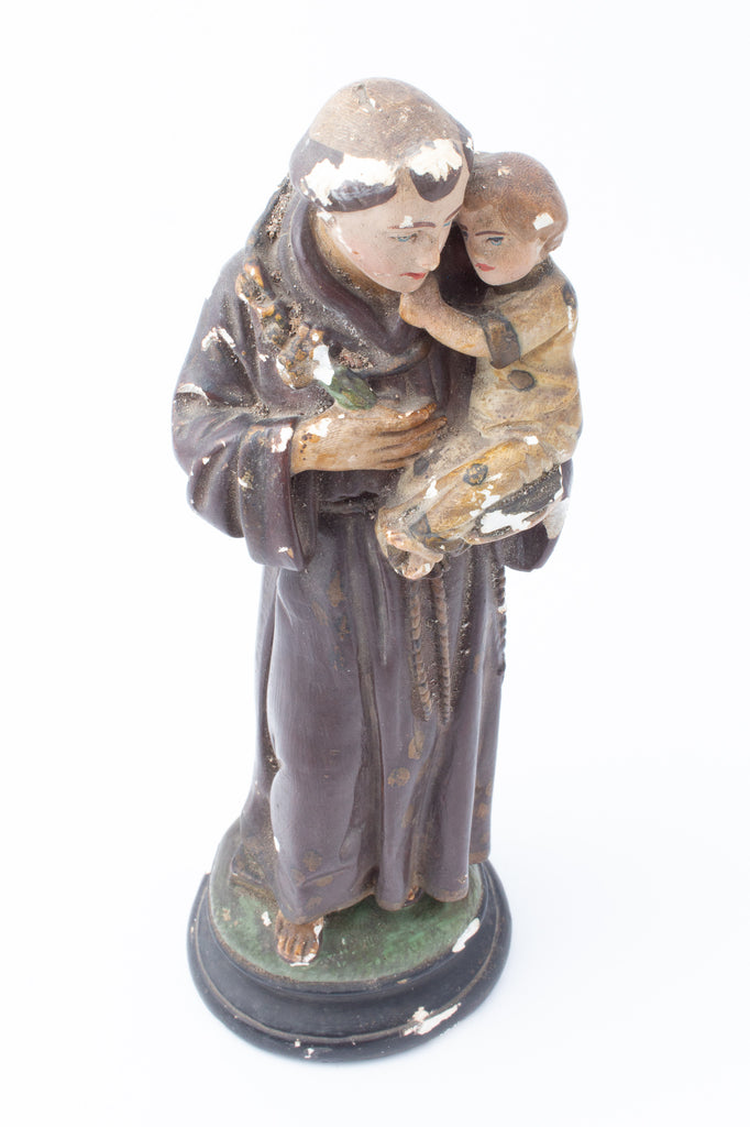 Antique French Hand-Painted Plaster St. Anthony Statue