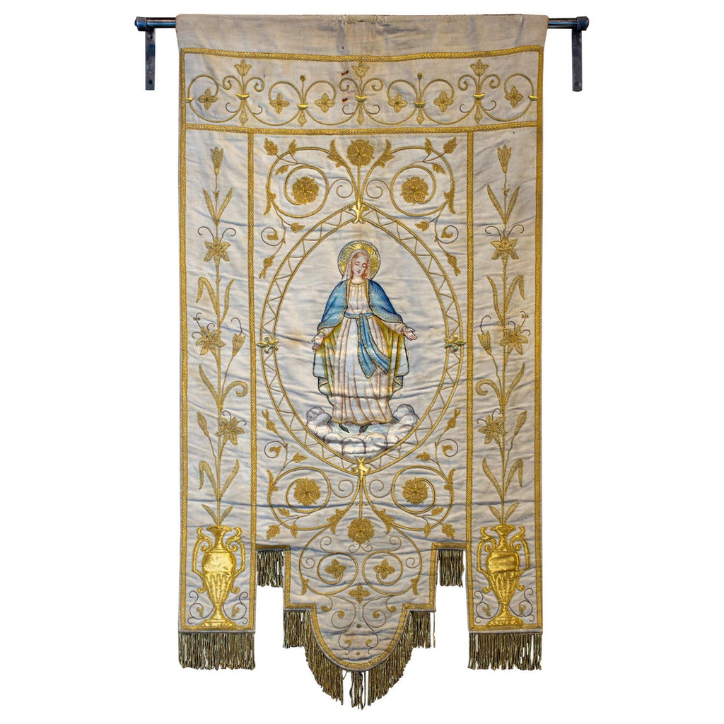 Antique French Embroidered Velvet Tapestry of the Madonna on Iron Hanger