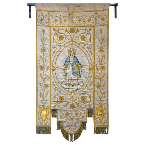 Antique French Embroidered Velvet Tapestry of the Madonna on Iron Hanger