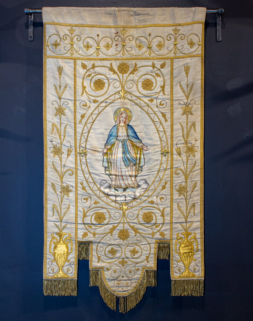Antique French Embroidered Velvet Tapestry of the Madonna on Iron Hanger