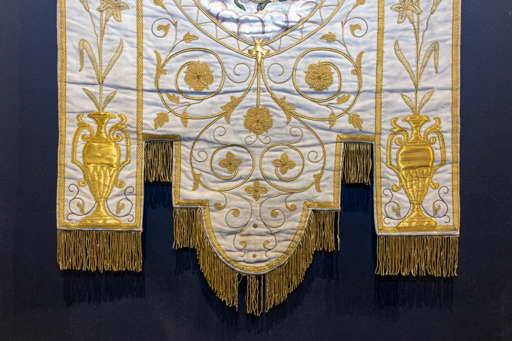 Antique French Embroidered Velvet Tapestry of the Madonna on Iron Hanger