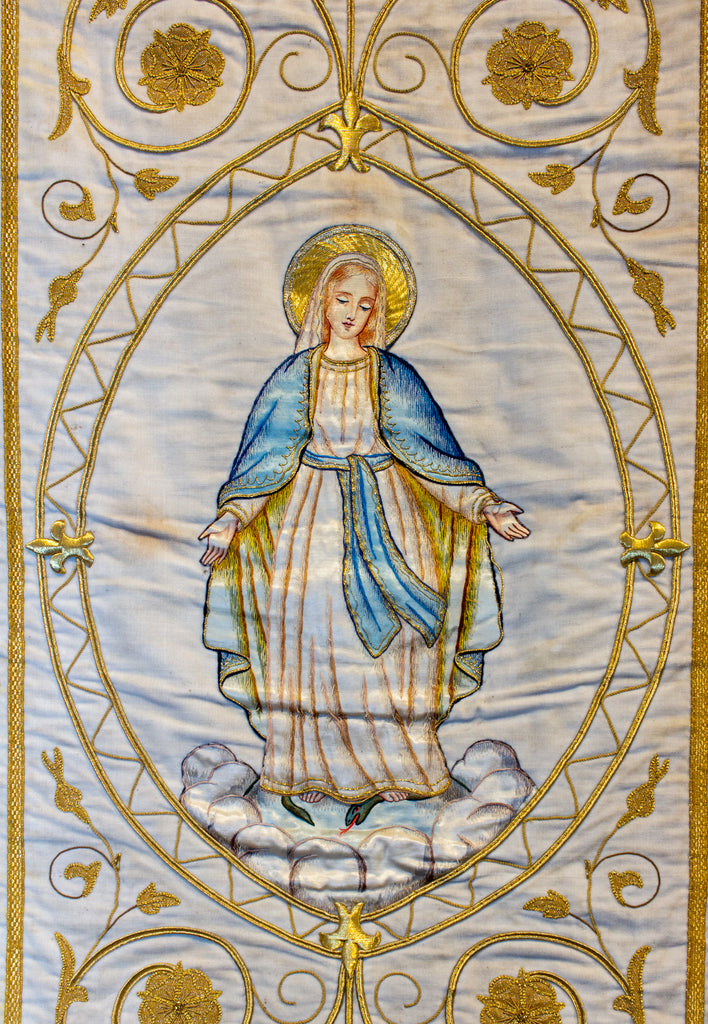 Antique French Embroidered Velvet Tapestry of the Madonna on Iron Hanger