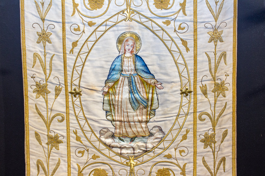 Antique French Embroidered Velvet Tapestry of the Madonna on Iron Hanger