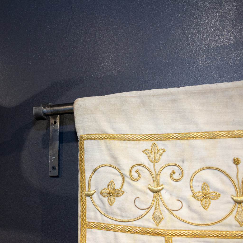 Antique French Embroidered Velvet Tapestry of the Madonna on Iron Hanger