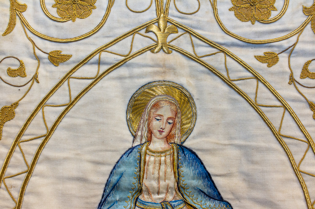 Antique French Embroidered Velvet Tapestry of the Madonna on Iron Hanger