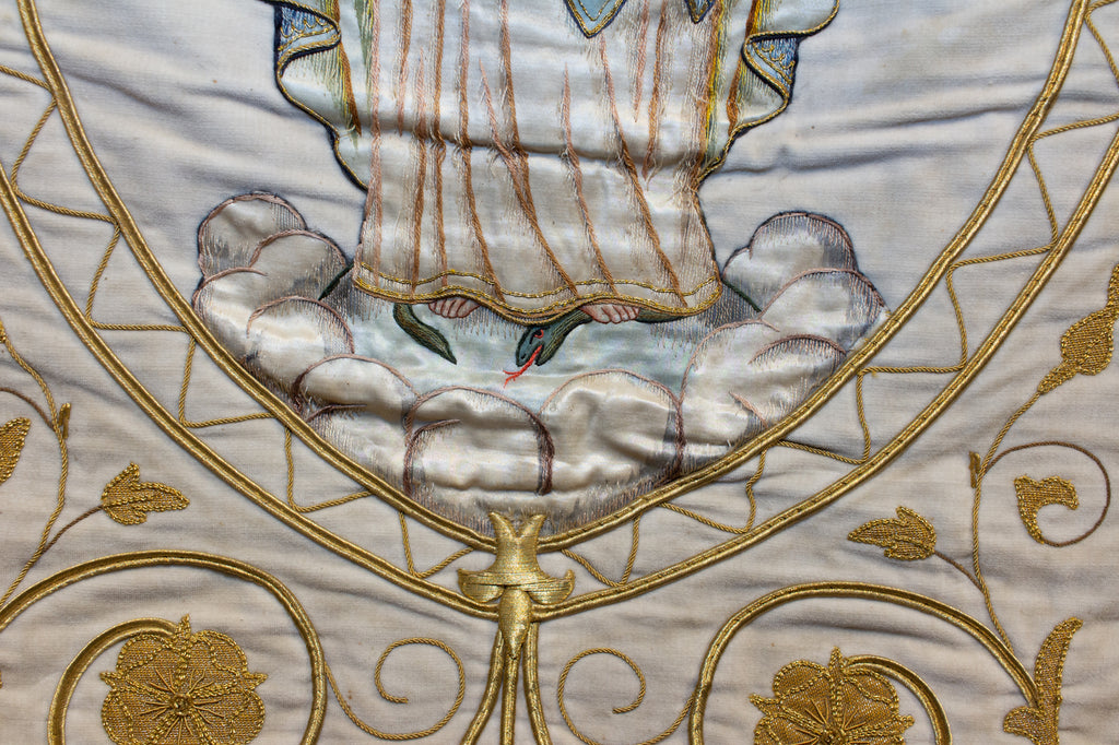 Antique French Embroidered Velvet Tapestry of the Madonna on Iron Hanger
