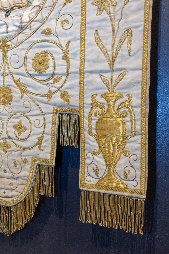 Antique French Embroidered Velvet Tapestry of the Madonna on Iron Hanger