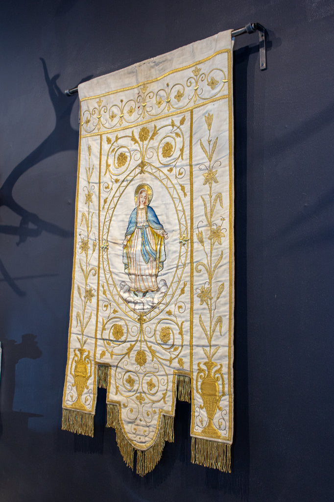 Antique French Embroidered Velvet Tapestry of the Madonna on Iron Hanger