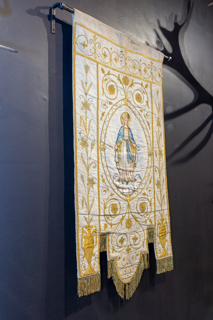 Antique French Embroidered Velvet Tapestry of the Madonna on Iron Hanger